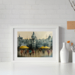 تابلو آبرنگ ازدحام؛ تصویری از جمعیت در خیابانی شهری با چترهای زرد، سبک مدرن و احساسی